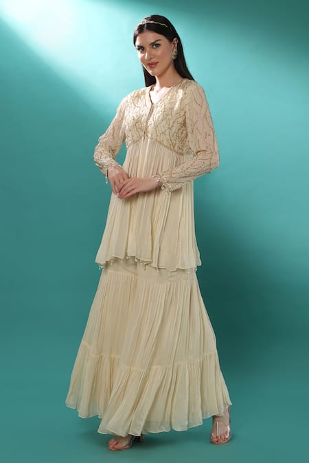 Buy_Bha Sha_Ivory Georgette, Net Pearls, Stones, Cut Bead Embellished Tunic Sharara Set _Online_at_Aza_Fashions