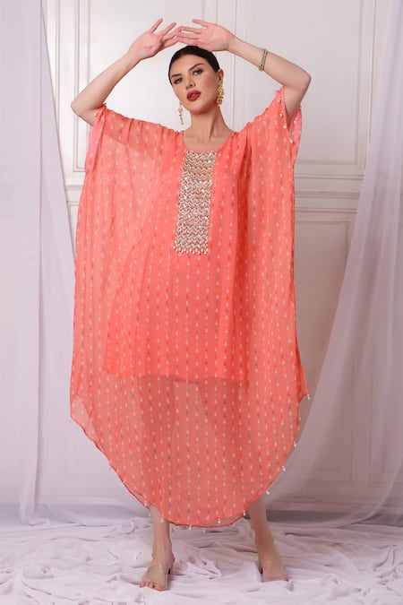 Bha Sha Pink Georgette, Satin Sequins, Beads Round Neck Embroidered Kaftan With Inner Online at Aza Fashions Bha Sha_Pink Georgette, Satin Sequins, Beads Round Neck Embroidered Kaftan With Inner _Online_at_Aza_Fashions