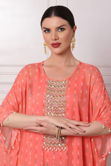 Shop Bha Sha Pink Georgette, Satin Sequins, Beads Round Neck Embroidered Kaftan With Inner Online at Aza Fashions Shop_Bha Sha_Pink Georgette, Satin Sequins, Beads Round Neck Embroidered Kaftan With Inner _Online_at_Aza_Fashions