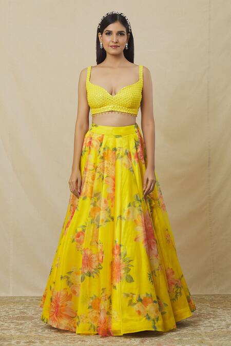 Angad Singh_Yellow Organza Mirrors, Embroidery Sweetheart Floral Bouquet Print Lehenga Set _at_Aza_Fashions