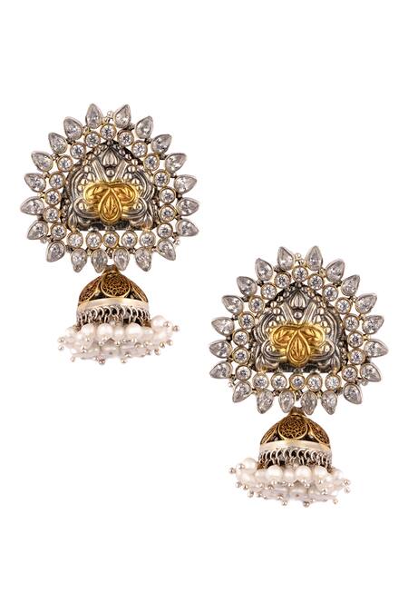 Shop Neeta Boochra Gold Plated Kundan And Pearl Handcrafted Jhumkas at Aza Fashions Shop_Neeta Boochra_Gold Plated Kundan And Pearl Handcrafted Jhumkas_at_Aza_Fashions