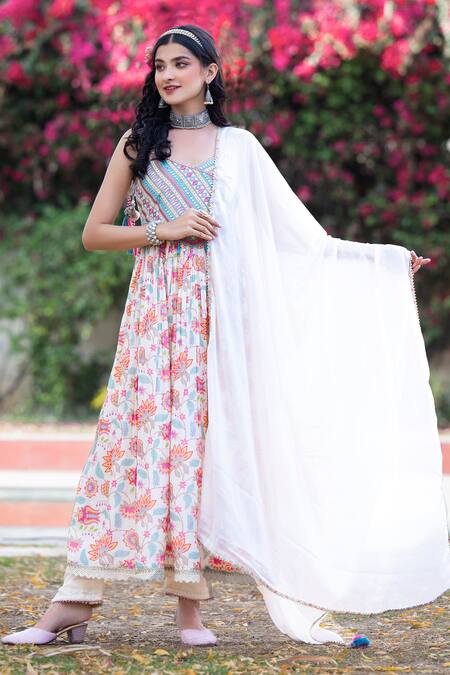 Shop_Bairaas_Cream Kurta- Muslin Printed Floral V Neck Pant Set_Online_at_Aza_Fashions