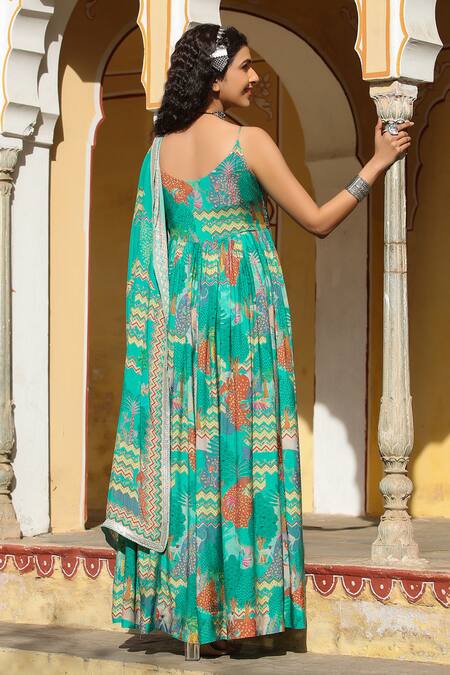 Bairaas_Green Muslin, Chiffon Embroidery Scoop Neck Jungle Print Anarkali With Dupatta _Online_at_Aza_Fashions