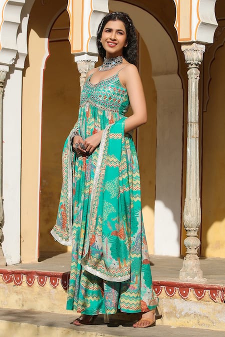 Buy_Bairaas_Green Muslin, Chiffon Embroidery Scoop Neck Jungle Print Anarkali With Dupatta _Online_at_Aza_Fashions