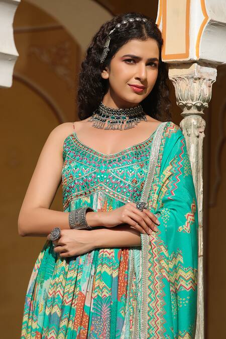 Shop_Bairaas_Green Muslin, Chiffon Embroidery Scoop Neck Jungle Print Anarkali With Dupatta _Online_at_Aza_Fashions