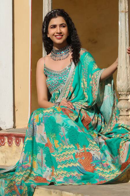 Bairaas_Green Muslin, Chiffon Embroidery Scoop Neck Jungle Print Anarkali With Dupatta _at_Aza_Fashions