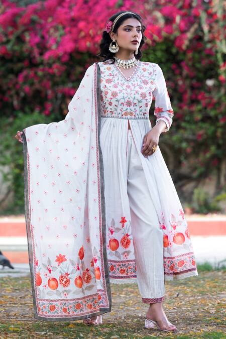Bairaas_White Cotton Fruit And Floral V Neck & Print Anarkali Set_Online_at_Aza_Fashions