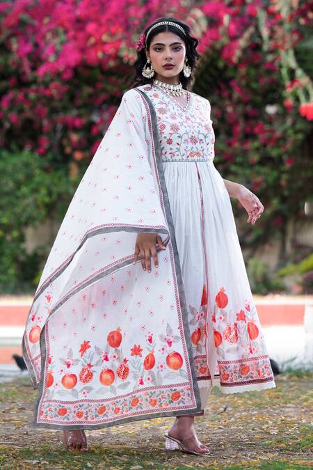 Buy_Bairaas_White Cotton Fruit And Floral V Neck & Print Anarkali Set_Online_at_Aza_Fashions