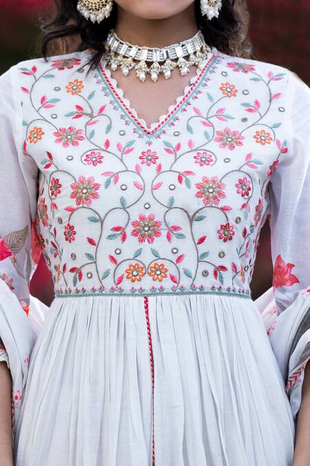 Bairaas_White Cotton Fruit And Floral V Neck & Print Anarkali Set_at_Aza_Fashions