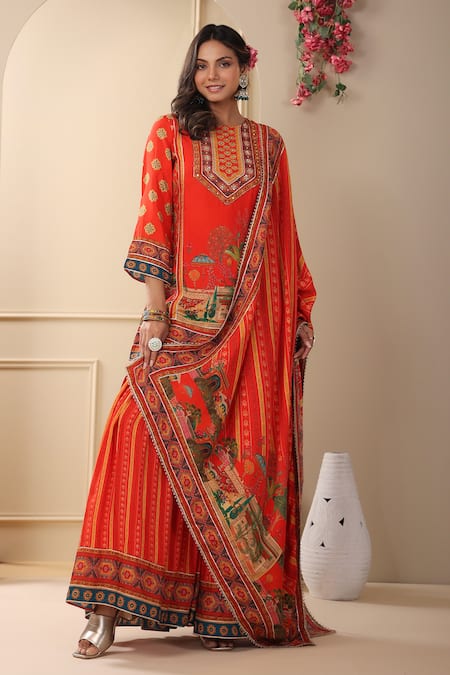 Bairaas_Red Muslin Printed Rajasthani Round Pattern Kurta Sharara Set_Online_at_Aza_Fashions