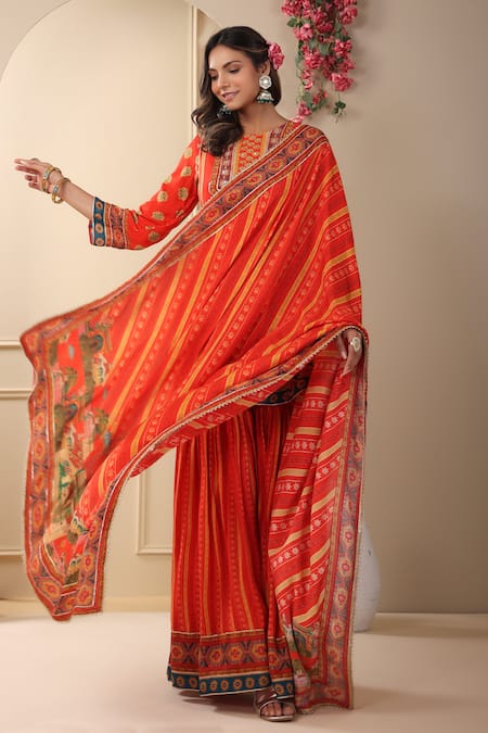 Buy_Bairaas_Red Muslin Printed Rajasthani Round Pattern Kurta Sharara Set_Online_at_Aza_Fashions