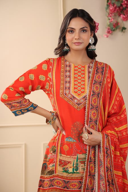 Shop_Bairaas_Red Muslin Printed Rajasthani Round Pattern Kurta Sharara Set_Online_at_Aza_Fashions