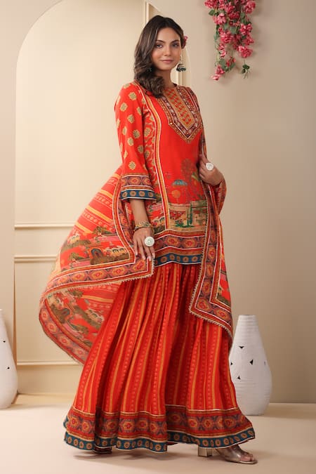 Bairaas_Red Muslin Printed Rajasthani Round Pattern Kurta Sharara Set_at_Aza_Fashions