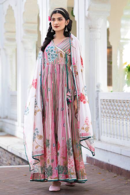 Bairaas Peach Muslin, Chiffon Tassels V-neck Stripe And Floral Print Angrakha With Dupatta Online at Aza Fashions Bairaas_Peach Muslin, Chiffon Tassels V-neck Stripe And Floral Print Angrakha With Dupatta_Online_at_Aza_Fashions