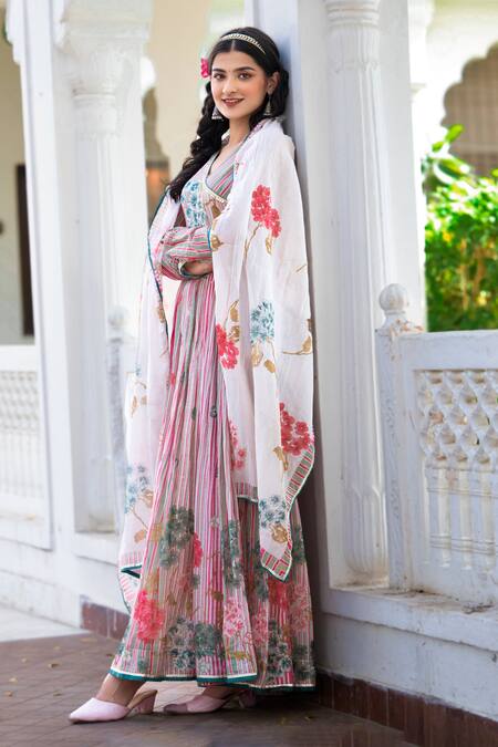 Shop Bairaas Peach Muslin, Chiffon Tassels V-neck Stripe And Floral Print Angrakha With Dupatta Online at Aza Fashions Shop_Bairaas_Peach Muslin, Chiffon Tassels V-neck Stripe And Floral Print Angrakha With Dupatta_Online_at_Aza_Fashions