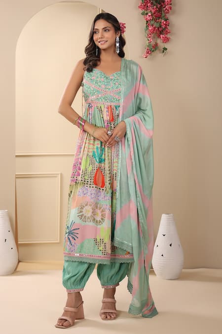 BAIRAAS Green Kurta- Muslin Printed Floral V Neck Side Slit Pant Set