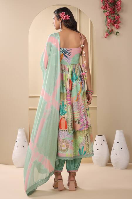 Shop_Bairaas_Green Kurta- Muslin Printed Floral V Neck Side Slit Pant Set_at_Aza_Fashions