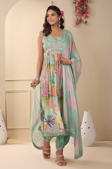 Bairaas_Green Kurta- Muslin Printed Floral V Neck Side Slit Pant Set_Online_at_Aza_Fashions