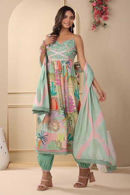 Shop_Bairaas_Green Kurta- Muslin Printed Floral V Neck Side Slit Pant Set_Online_at_Aza_Fashions