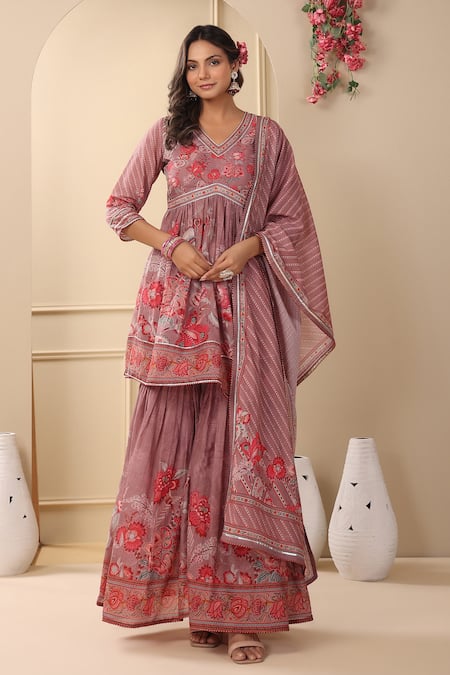 BAIRAAS Flora Print Peplum Kurta Sharara Set 