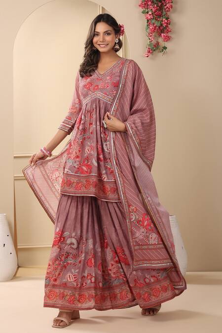 Bairaas_Pink Cotton Embroidery V-neck Flora Print Peplum Kurta Sharara Set_Online_at_Aza_Fashions