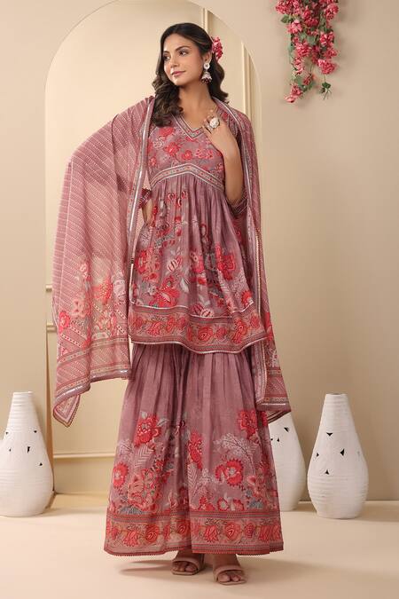 Buy_Bairaas_Pink Cotton Embroidery V-neck Flora Print Peplum Kurta Sharara Set_Online_at_Aza_Fashions