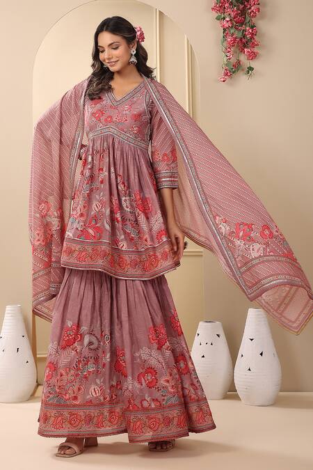 Bairaas_Pink Cotton Embroidery V-neck Flora Print Peplum Kurta Sharara Set_at_Aza_Fashions
