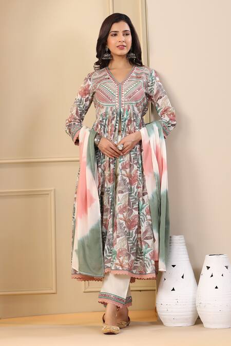 BAIRAAS Green Cotton Printed Leaf V Neck Front Slit Anarkali Set