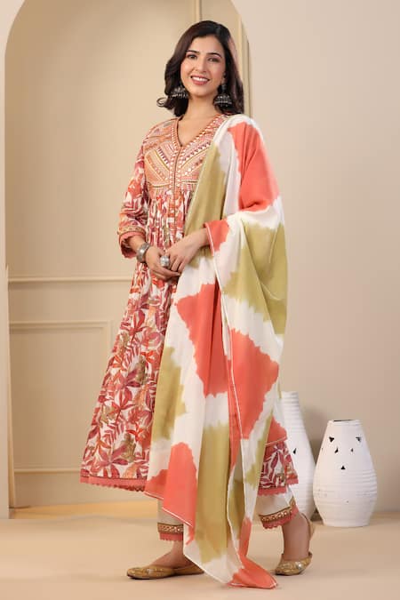 Buy Bairaas Orange Cotton Cut Work V-neck Leaf Print Front Slit Anarkali Set Online at Aza Fashions Buy_Bairaas_Orange Cotton Cut Work V-neck Leaf Print Front Slit Anarkali Set_Online_at_Aza_Fashions