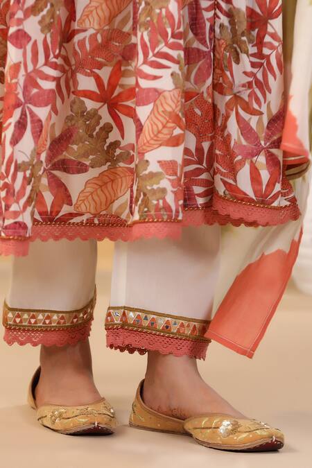 Bairaas Orange Cotton Cut Work V-neck Leaf Print Front Slit Anarkali Set at Aza Fashions Bairaas_Orange Cotton Cut Work V-neck Leaf Print Front Slit Anarkali Set_at_Aza_Fashions