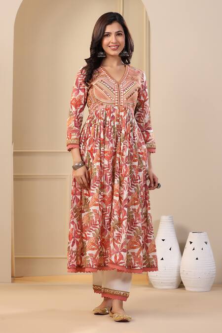 Buy Bairaas Orange Cotton Cut Work V-neck Leaf Print Front Slit Anarkali Set Buy_Bairaas_Orange Cotton Cut Work V-neck Leaf Print Front Slit Anarkali Set