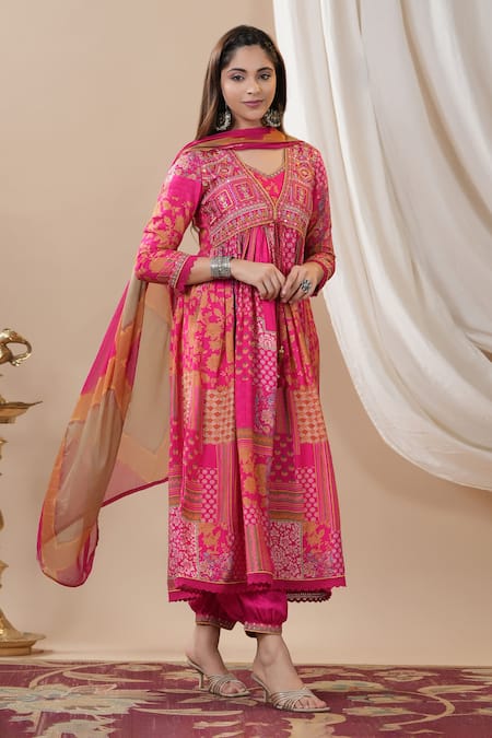 Buy Bairaas Pink Anarkali Muslin Printed Floral V Neck Flower Set With Tie Dye Dupatta Online at Aza Fashions Buy_Bairaas_Pink Anarkali Muslin Printed Floral V Neck Flower Set With Tie Dye Dupatta_Online_at_Aza_Fashions
