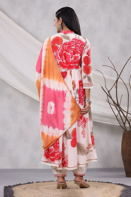 Shop_Bairaas_Cream Muslin, Chiffon Lace Mandarin Collar Rose Print Angarkha Anarkali Set_at_Aza_Fashions