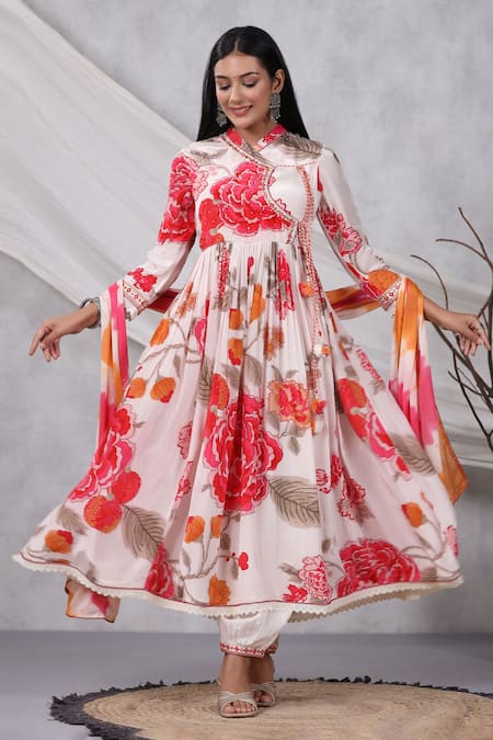 Bairaas_Cream Muslin, Chiffon Lace Mandarin Collar Rose Print Angarkha Anarkali Set_Online_at_Aza_Fashions