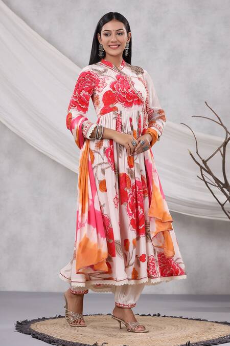Buy_Bairaas_Cream Muslin, Chiffon Lace Mandarin Collar Rose Print Angarkha Anarkali Set_Online_at_Aza_Fashions