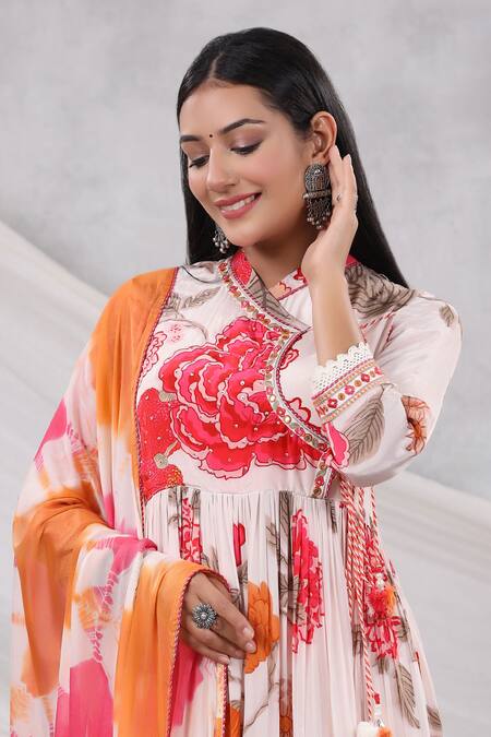 Shop_Bairaas_Cream Muslin, Chiffon Lace Mandarin Collar Rose Print Angarkha Anarkali Set_Online_at_Aza_Fashions