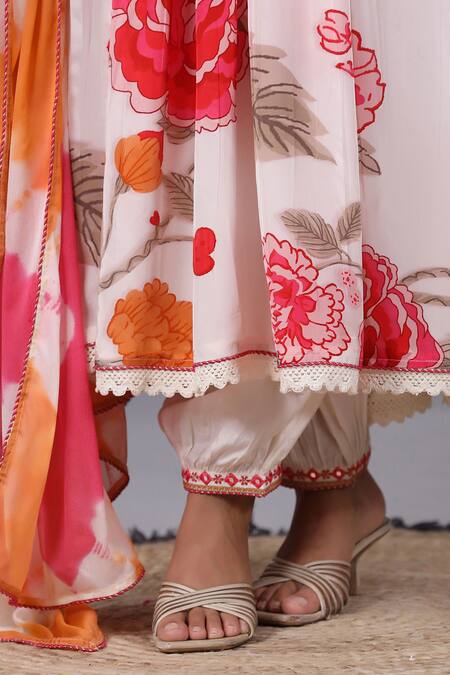 Bairaas_Cream Muslin, Chiffon Lace Mandarin Collar Rose Print Angarkha Anarkali Set_at_Aza_Fashions