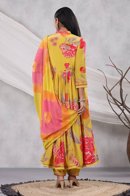 Shop_Bairaas_Yellow Muslin, Chiffon, Cotton Embroidery Floral Print Angarkha Anarkali Set _at_Aza_Fashions