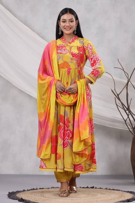 Bairaas_Yellow Muslin, Chiffon, Cotton Embroidery Floral Print Angarkha Anarkali Set _Online_at_Aza_Fashions