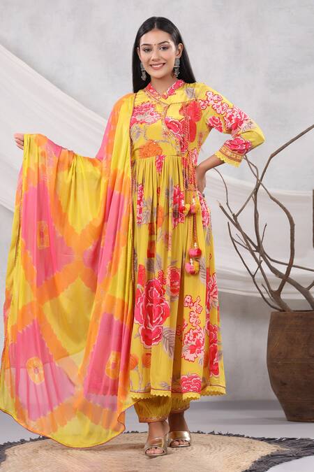 Buy_Bairaas_Yellow Muslin, Chiffon, Cotton Embroidery Floral Print Angarkha Anarkali Set _Online_at_Aza_Fashions