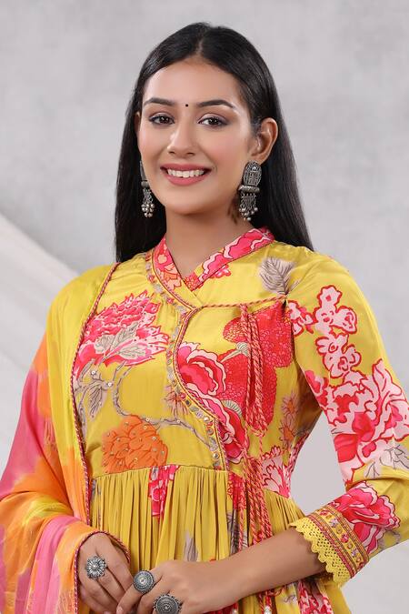 Bairaas_Yellow Muslin, Chiffon, Cotton Embroidery Floral Print Angarkha Anarkali Set _at_Aza_Fashions