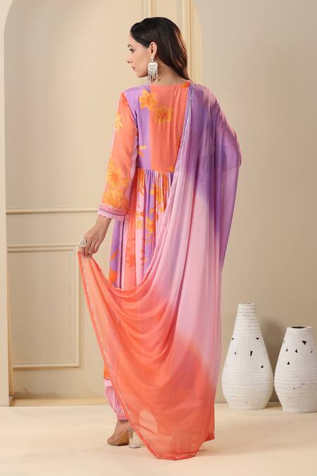 Shop_Bairaas_Purple Muslin, Chiffon, Silk Embroidery Lily Print Gathered Kurta Pant Set_at_Aza_Fashions