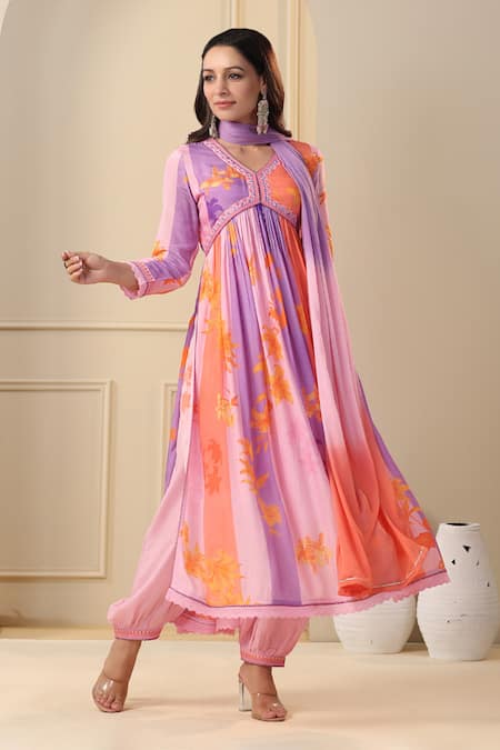 Buy_Bairaas_Purple Muslin, Chiffon, Silk Embroidery Lily Print Gathered Kurta Pant Set_Online_at_Aza_Fashions