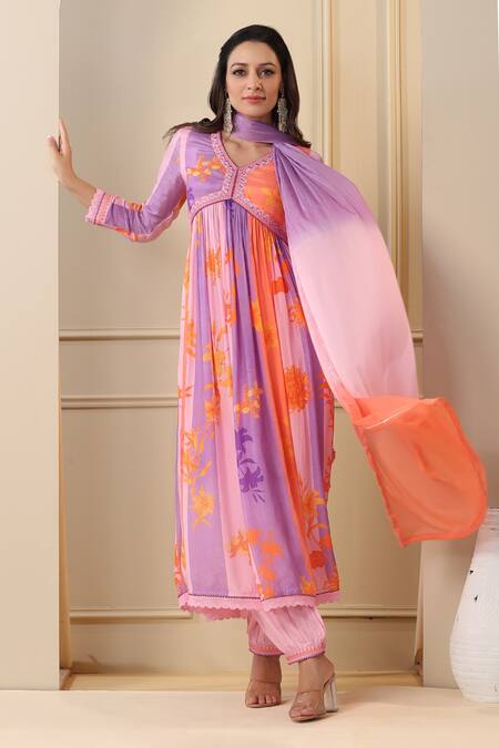 Shop_Bairaas_Purple Muslin, Chiffon, Silk Embroidery Lily Print Gathered Kurta Pant Set_Online_at_Aza_Fashions
