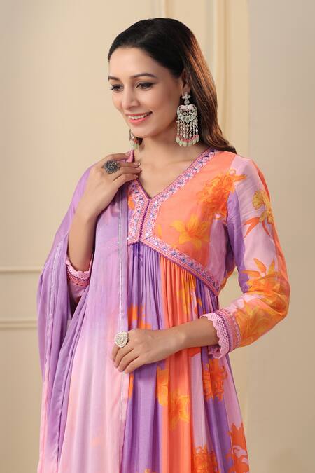 Bairaas_Purple Muslin, Chiffon, Silk Embroidery Lily Print Gathered Kurta Pant Set_at_Aza_Fashions