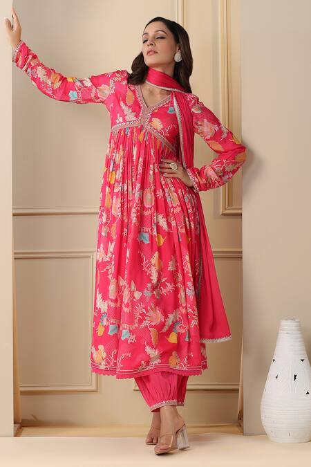 Shop_Bairaas_Magenta Anarkali Muslin Printed Floral V Neck Flower Bloom Pant Set_Online_at_Aza_Fashions