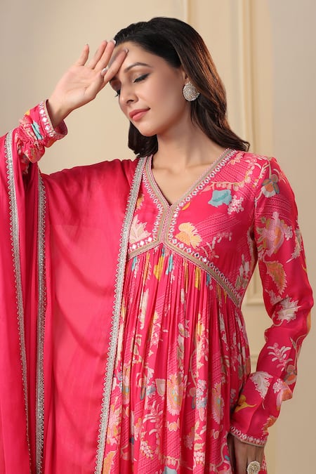 Bairaas_Magenta Anarkali Muslin Printed Floral V Neck Flower Bloom Pant Set_at_Aza_Fashions