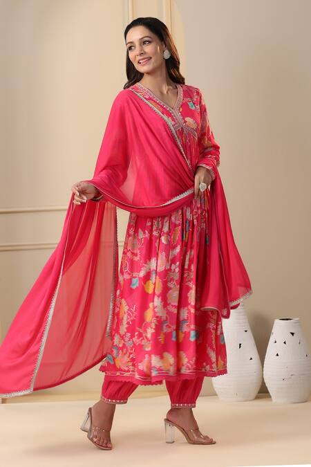 Buy_Bairaas_Magenta Anarkali Muslin Printed Floral V Neck Flower Bloom Pant Set_Online_at_Aza_Fashions
