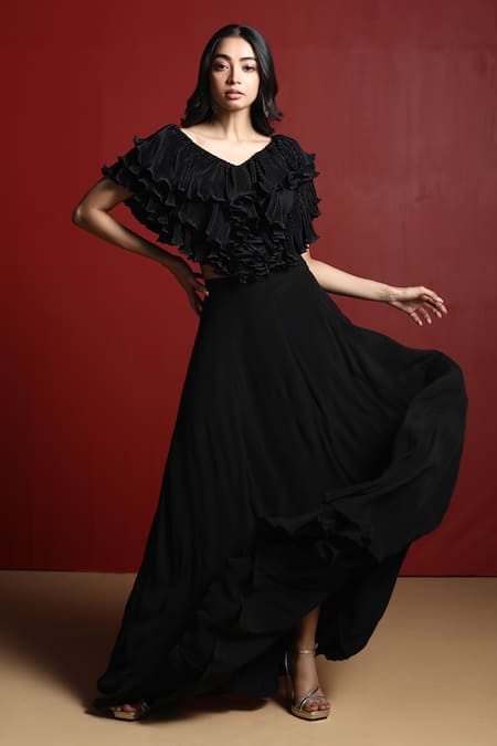 Black ruffle hotsell skirt set