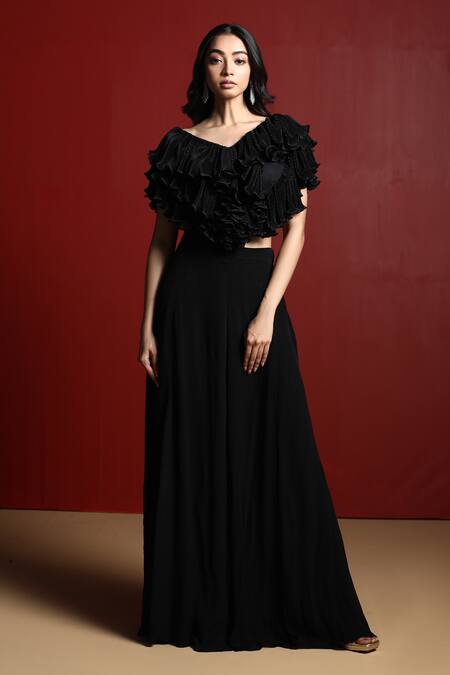 Buy Black Crepe Plain V Neck Ruffle Top And Skirt Set For Women by
